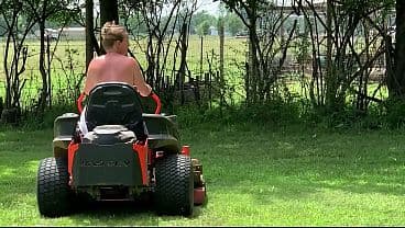 Neighbor, riding lawnmower, naked outdoors