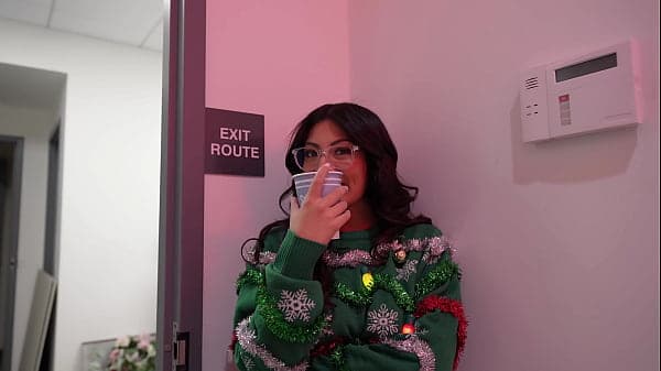 My slutty coworker sucked my cock at the office Christmas party - Cami Strella