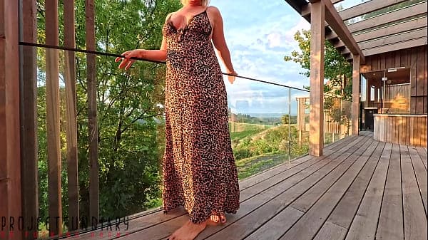 curvy lady in leo dress has risky public balcon...